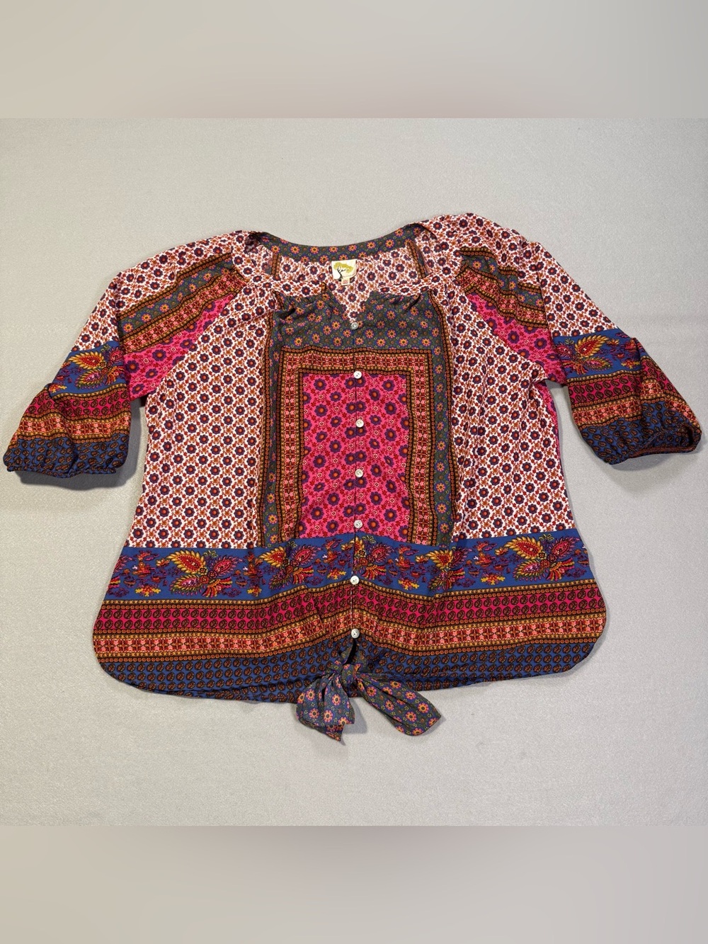 Anthropologie Fig and Flower 2X Boho Patchwork Chiffon Blouse Navy Orange